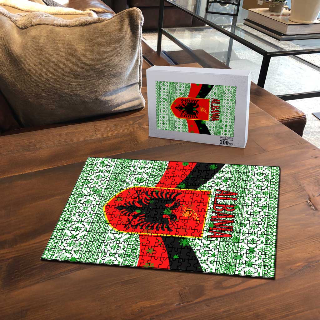 Albania Christmas Puzzle with Green-Red Design, Double-Headed Eagle Emblem, and Santa Motif - Wonder Print Shop