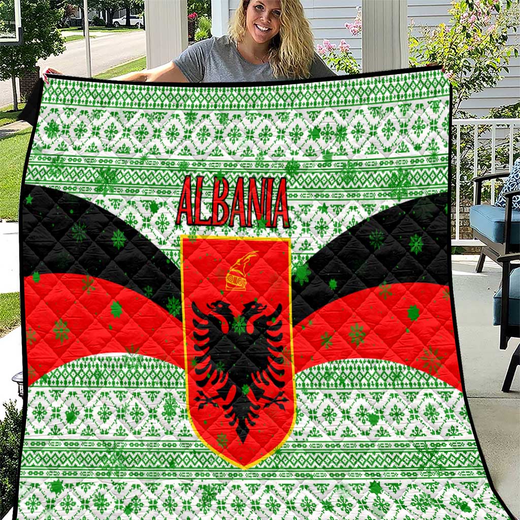 Albania Christmas Quilt with Green-Red Design, Double-Headed Eagle Emblem, and Santa Motif - Wonder Print Shop