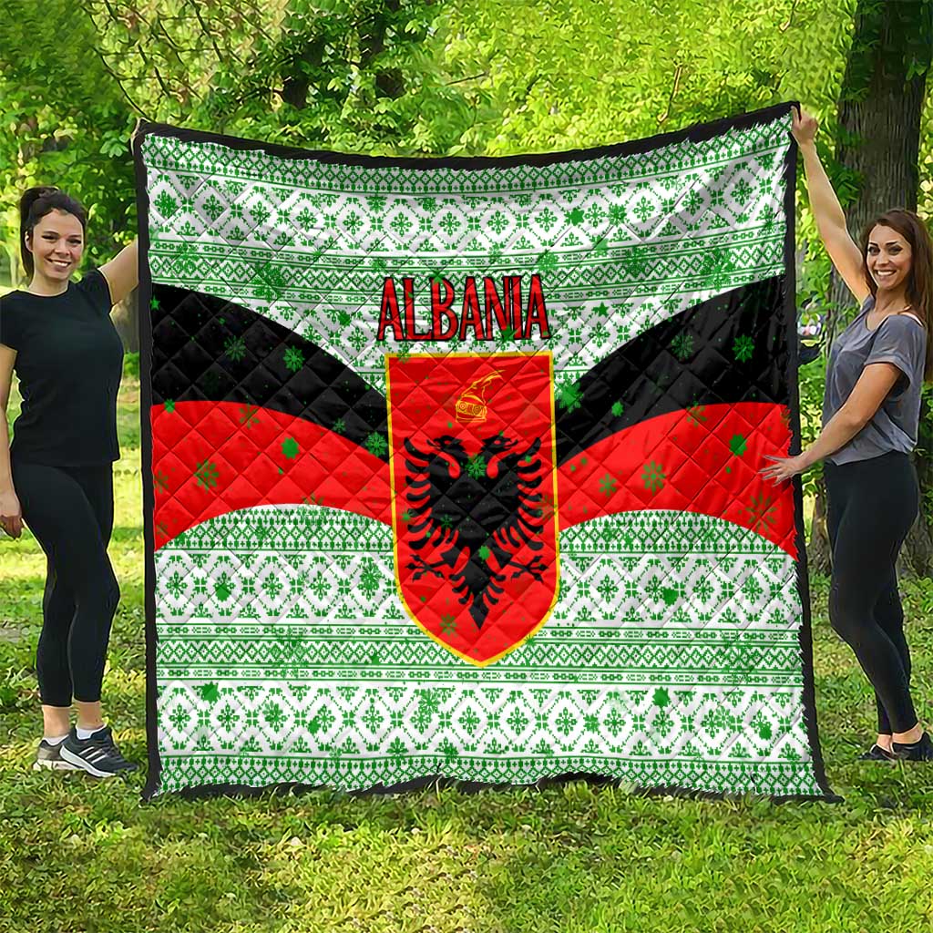 Albania Christmas Quilt with Green-Red Design, Double-Headed Eagle Emblem, and Santa Motif - Wonder Print Shop