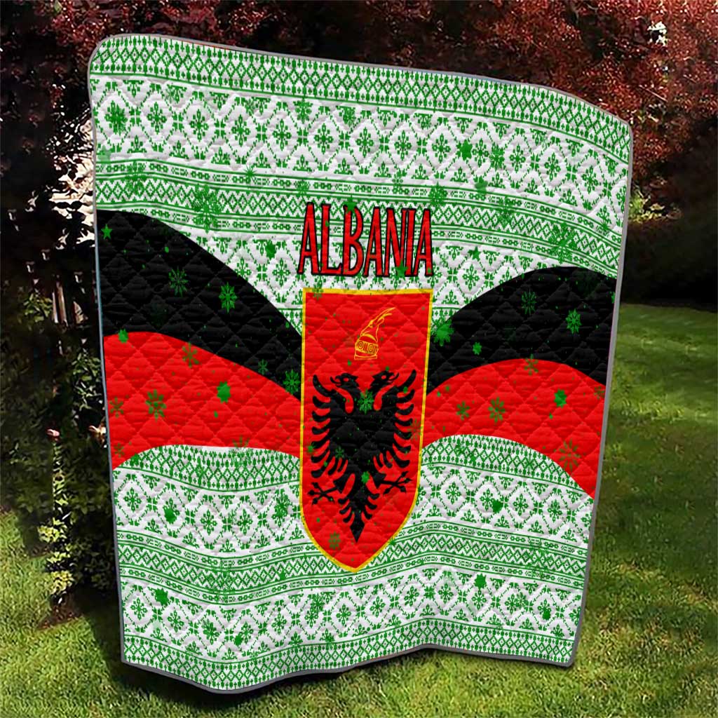 Albania Christmas Quilt with Green-Red Design, Double-Headed Eagle Emblem, and Santa Motif - Wonder Print Shop