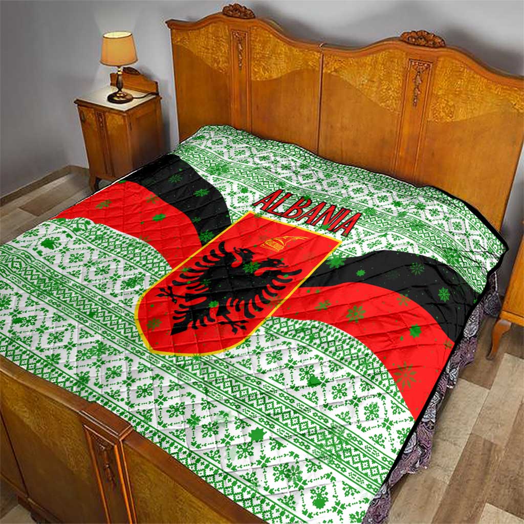 Albania Christmas Quilt with Green-Red Design, Double-Headed Eagle Emblem, and Santa Motif - Wonder Print Shop