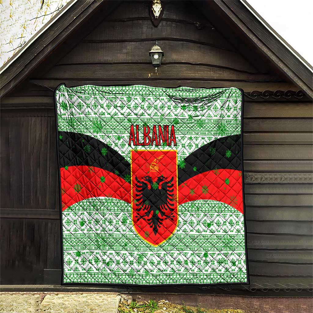 Albania Christmas Quilt with Green-Red Design, Double-Headed Eagle Emblem, and Santa Motif - Wonder Print Shop