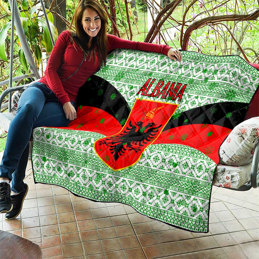 Albania Christmas Quilt with Green-Red Design, Double-Headed Eagle Emblem, and Santa Motif - Wonder Print Shop