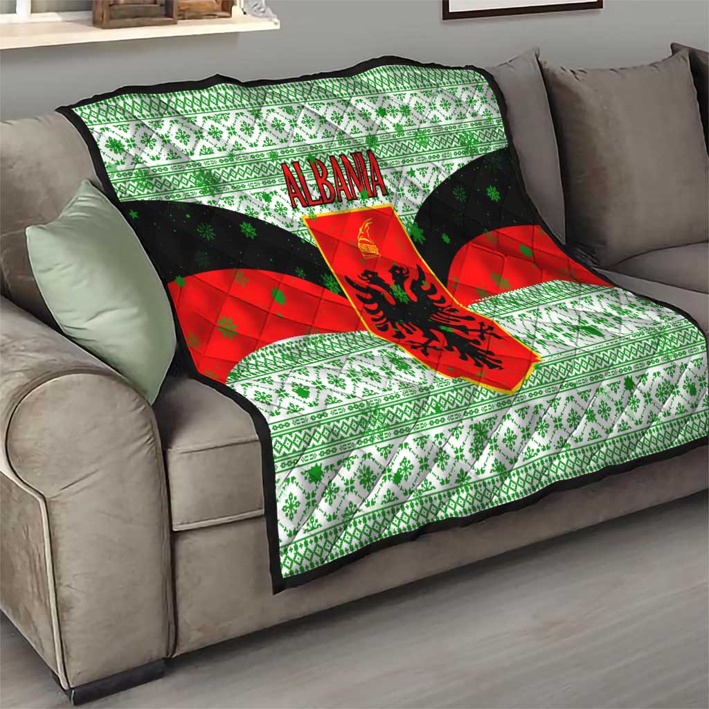 Albania Christmas Quilt with Green-Red Design, Double-Headed Eagle Emblem, and Santa Motif - Wonder Print Shop