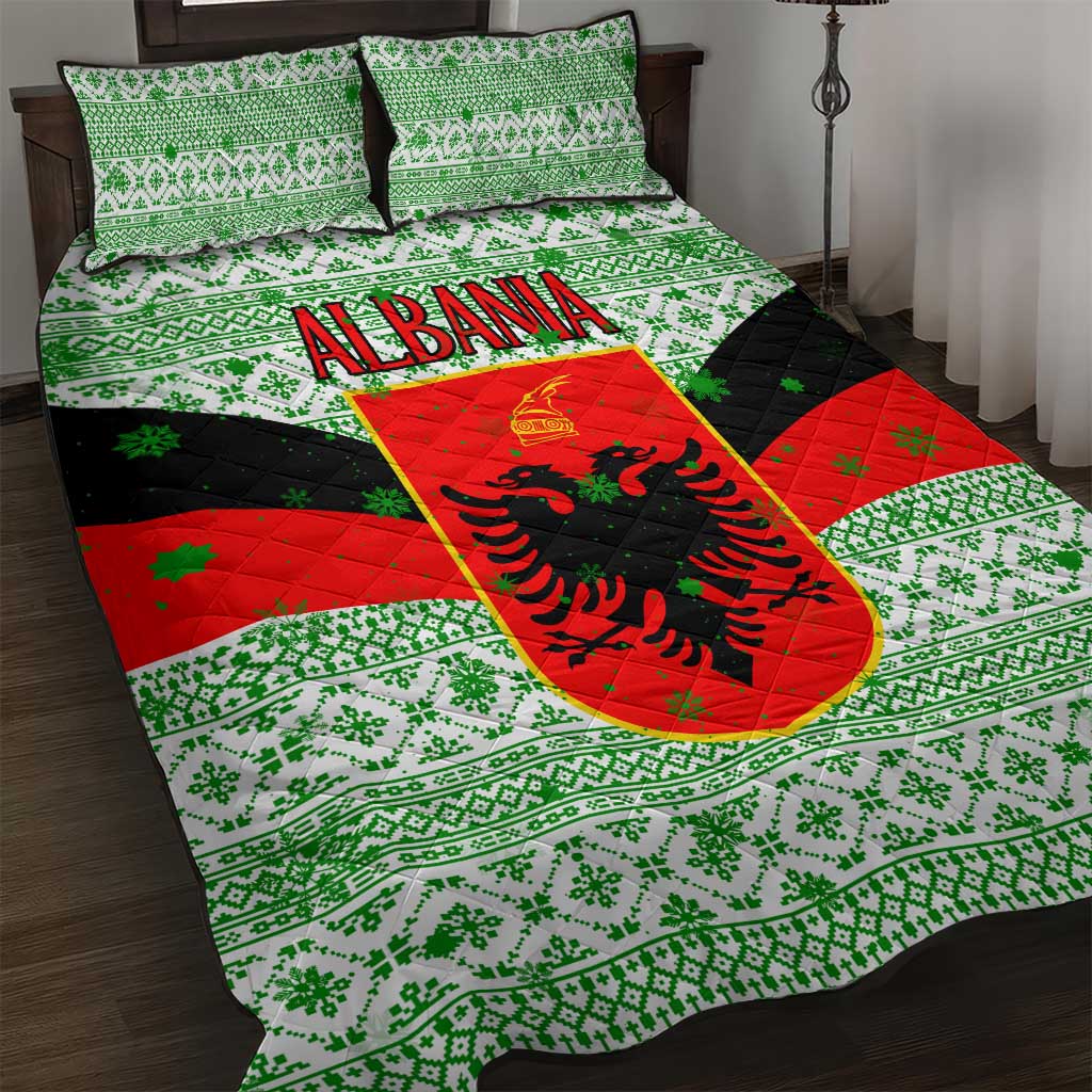 Albania Christmas Quilt Bed Set with Green-Red Design, Double-Headed Eagle Emblem, and Santa Motif - Wonder Print Shop
