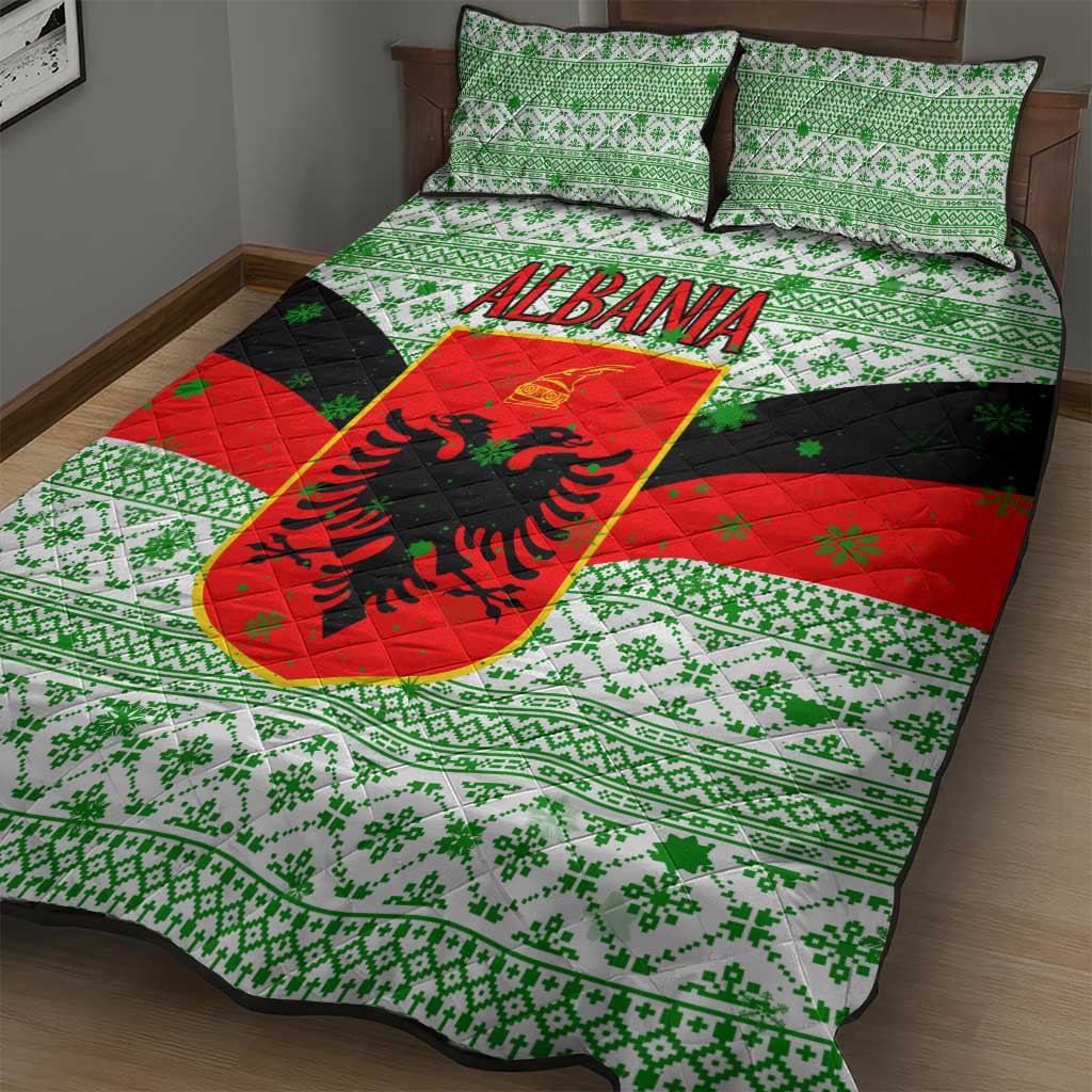 Albania Christmas Quilt Bed Set with Green-Red Design, Double-Headed Eagle Emblem, and Santa Motif - Wonder Print Shop