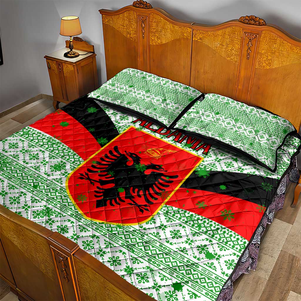 Albania Christmas Quilt Bed Set with Green-Red Design, Double-Headed Eagle Emblem, and Santa Motif - Wonder Print Shop
