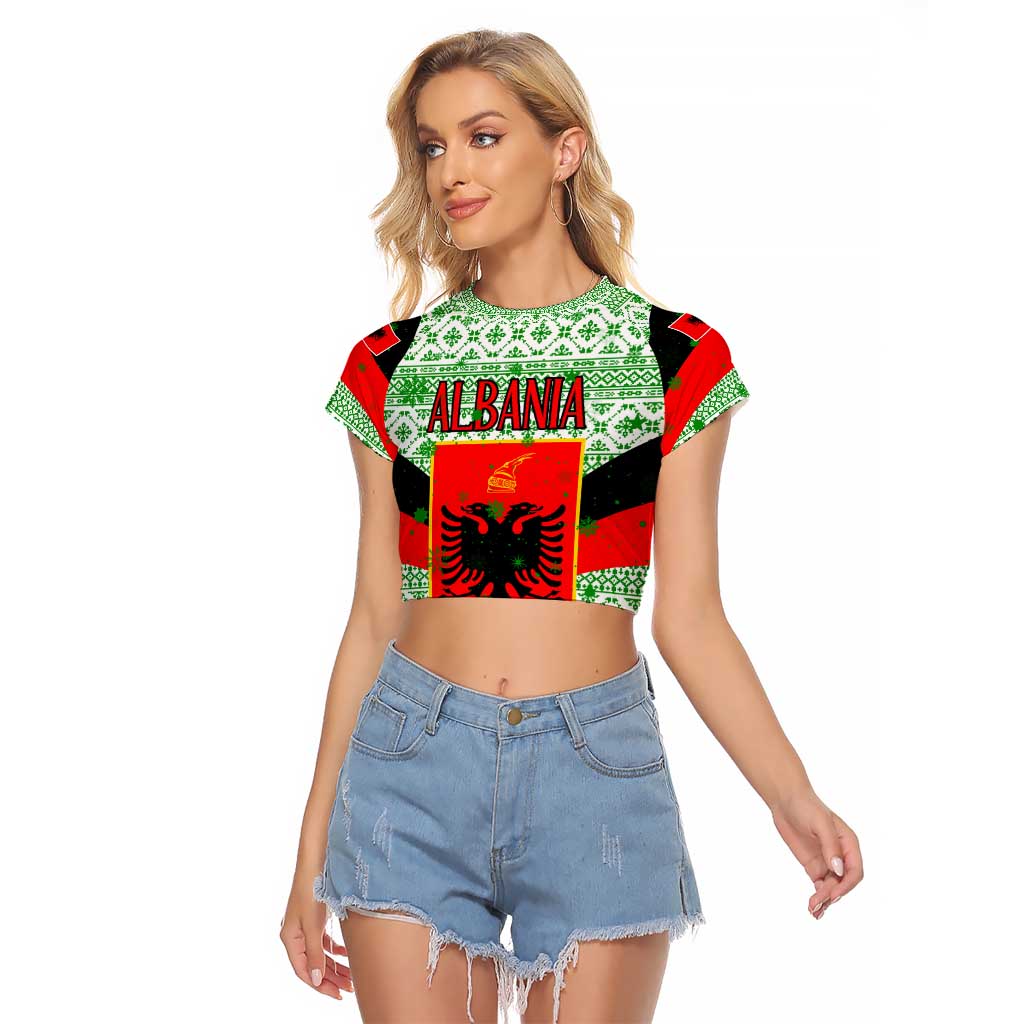 Albania Christmas Raglan Cropped T Shirt with Green-Red Design, Double-Headed Eagle Emblem, and Santa Motif - Wonder Print Shop