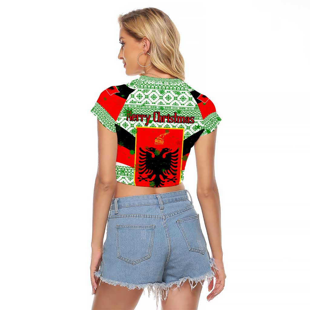 Albania Christmas Raglan Cropped T Shirt with Green-Red Design, Double-Headed Eagle Emblem, and Santa Motif - Wonder Print Shop