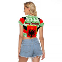 Albania Christmas Raglan Cropped T Shirt with Green-Red Design, Double-Headed Eagle Emblem, and Santa Motif - Wonder Print Shop