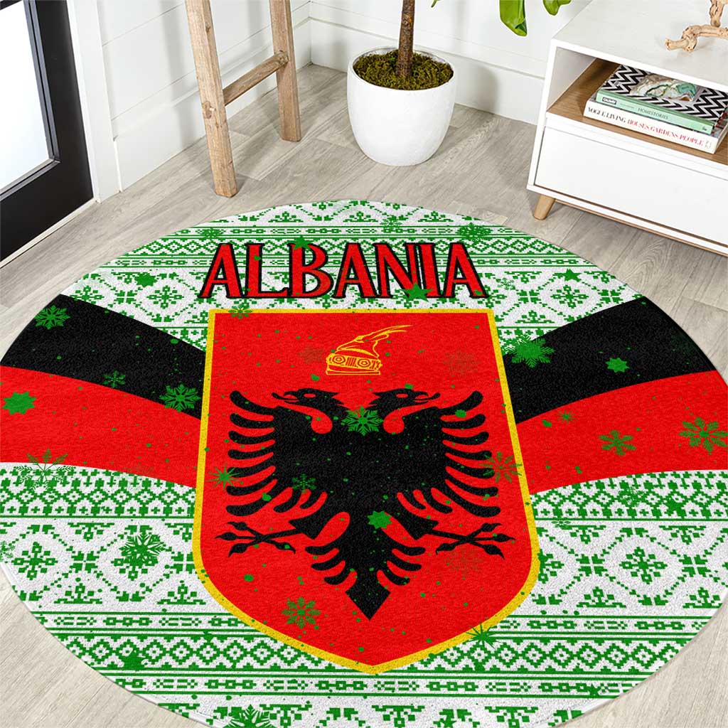 Albania Christmas Round Carpet with Green-Red Design, Double-Headed Eagle Emblem, and Santa Motif - Wonder Print Shop