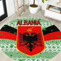 Albania Christmas Round Carpet with Green-Red Design, Double-Headed Eagle Emblem, and Santa Motif - Wonder Print Shop