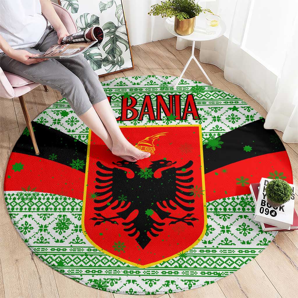 Albania Christmas Round Carpet with Green-Red Design, Double-Headed Eagle Emblem, and Santa Motif - Wonder Print Shop