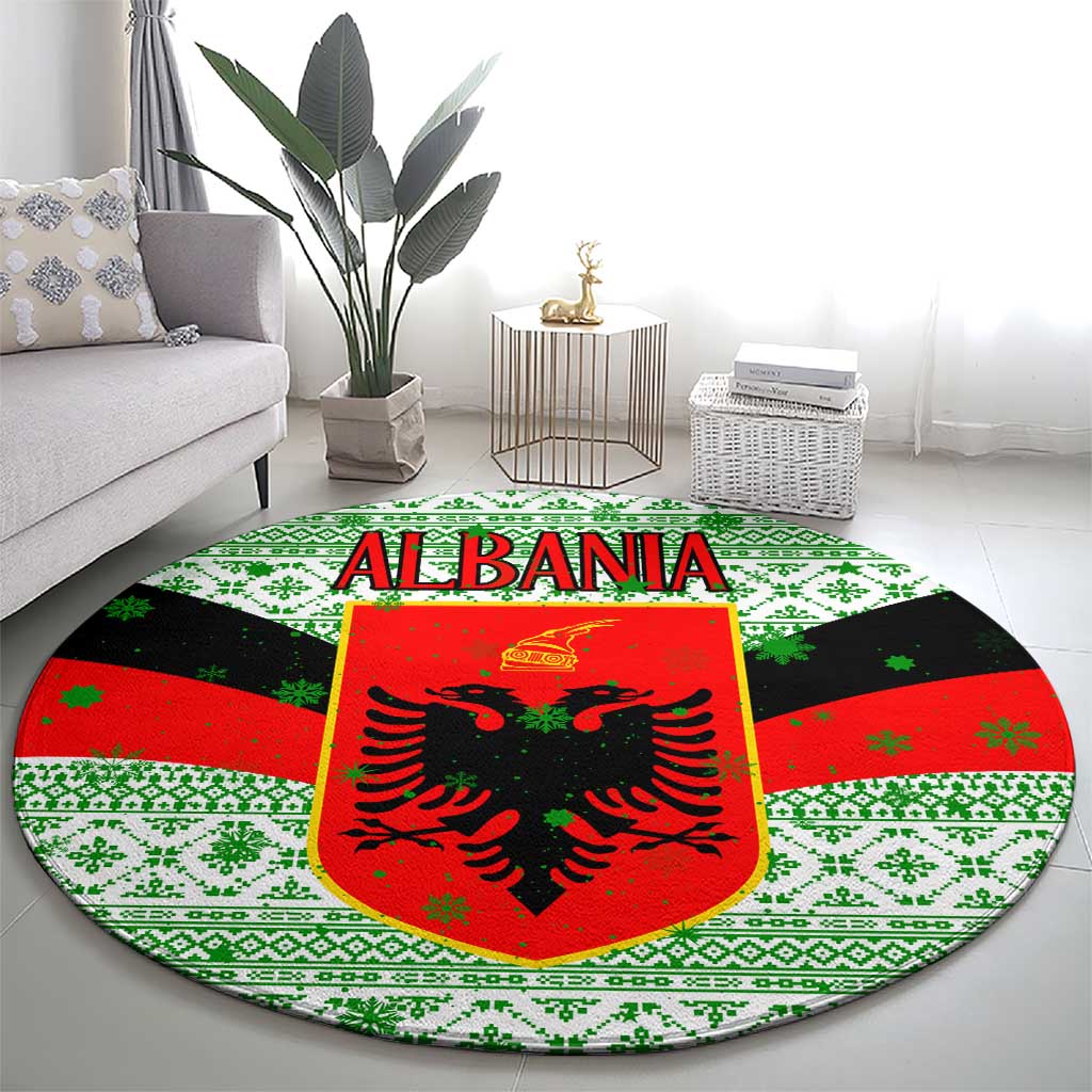 Albania Christmas Round Carpet with Green-Red Design, Double-Headed Eagle Emblem, and Santa Motif - Wonder Print Shop
