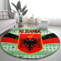 Albania Christmas Round Carpet with Green-Red Design, Double-Headed Eagle Emblem, and Santa Motif - Wonder Print Shop