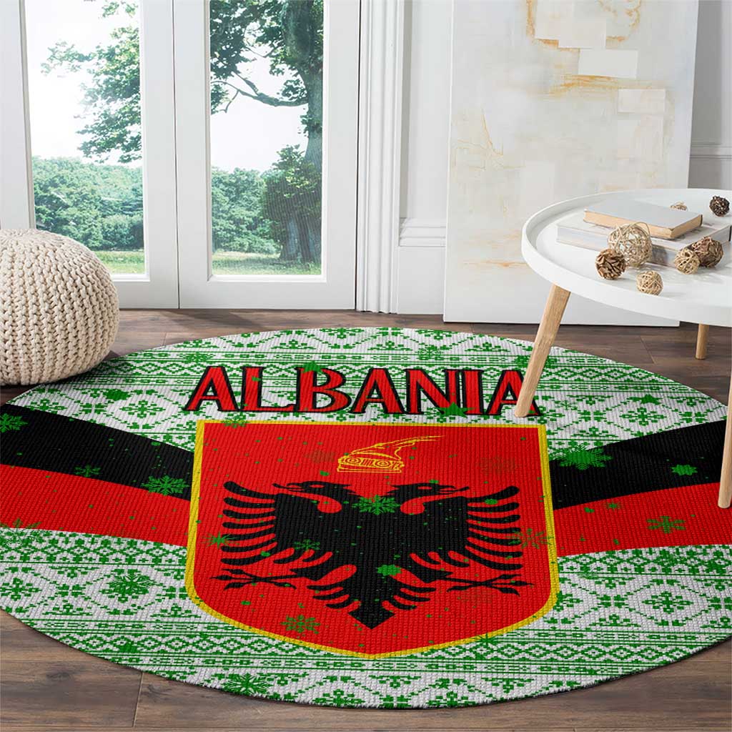 Albania Christmas Round Carpet with Green-Red Design, Double-Headed Eagle Emblem, and Santa Motif - Wonder Print Shop