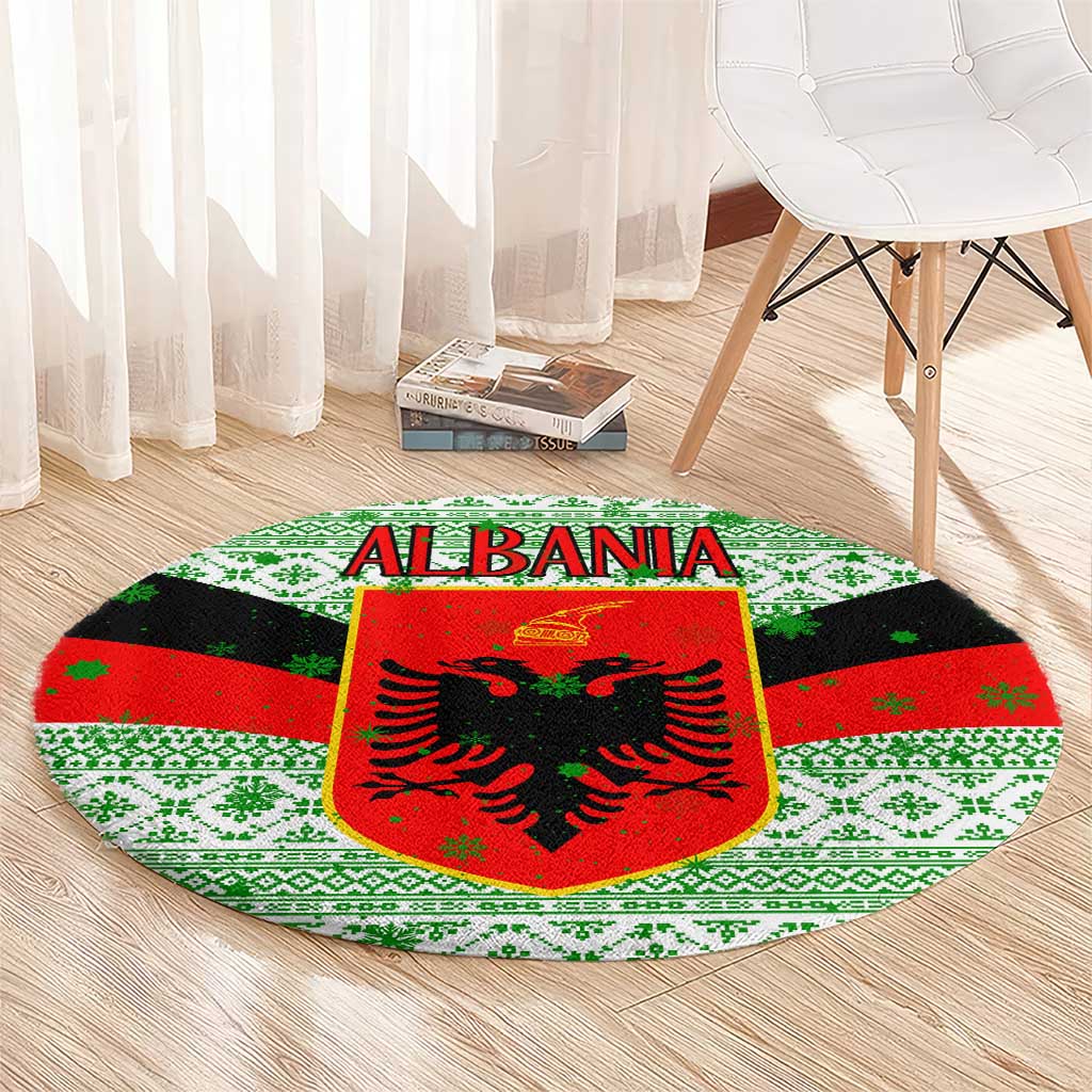 Albania Christmas Round Carpet with Green-Red Design, Double-Headed Eagle Emblem, and Santa Motif - Wonder Print Shop