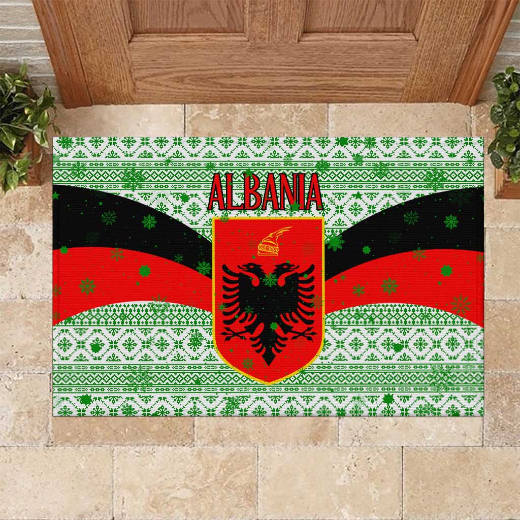 Albania Christmas Rubber Doormat with Green-Red Design, Double-Headed Eagle Emblem, and Santa Motif - Wonder Print Shop