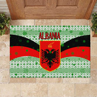 Albania Christmas Rubber Doormat with Green-Red Design, Double-Headed Eagle Emblem, and Santa Motif - Wonder Print Shop