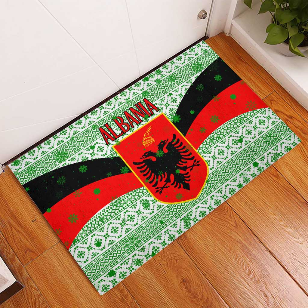 Albania Christmas Rubber Doormat with Green-Red Design, Double-Headed Eagle Emblem, and Santa Motif - Wonder Print Shop