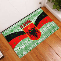 Albania Christmas Rubber Doormat with Green-Red Design, Double-Headed Eagle Emblem, and Santa Motif - Wonder Print Shop