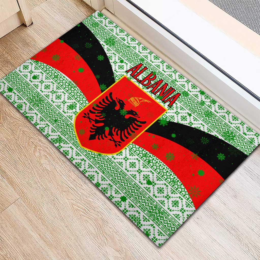 Albania Christmas Rubber Doormat with Green-Red Design, Double-Headed Eagle Emblem, and Santa Motif - Wonder Print Shop