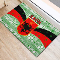Albania Christmas Rubber Doormat with Green-Red Design, Double-Headed Eagle Emblem, and Santa Motif - Wonder Print Shop