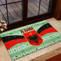 Albania Christmas Rubber Doormat with Green-Red Design, Double-Headed Eagle Emblem, and Santa Motif - Wonder Print Shop