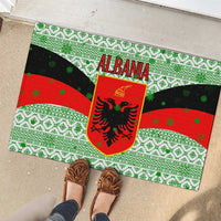 Albania Christmas Rubber Doormat with Green-Red Design, Double-Headed Eagle Emblem, and Santa Motif - Wonder Print Shop
