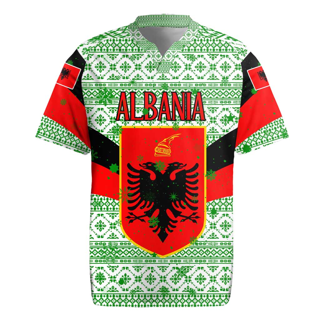 Albania Christmas Rugby Jersey with Green-Red Design, Double-Headed Eagle Emblem, and Santa Motif - Wonder Print Shop