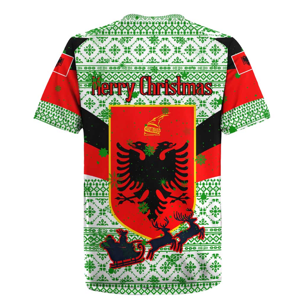 Albania Christmas Rugby Jersey with Green-Red Design, Double-Headed Eagle Emblem, and Santa Motif - Wonder Print Shop