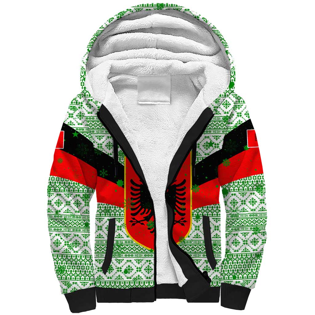 Albania Christmas Sherpa Hoodie with Green-Red Design, Double-Headed Eagle Emblem, and Santa Motif - Wonder Print Shop