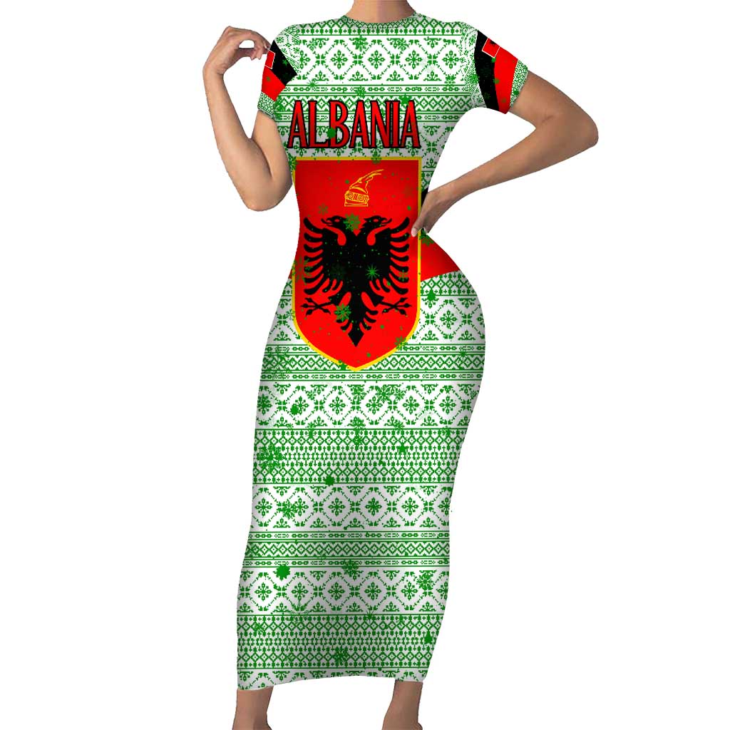 Albania Christmas Short Sleeve Bodycon Dress with Green-Red Design, Double-Headed Eagle Emblem, and Santa Motif - Wonder Print Shop