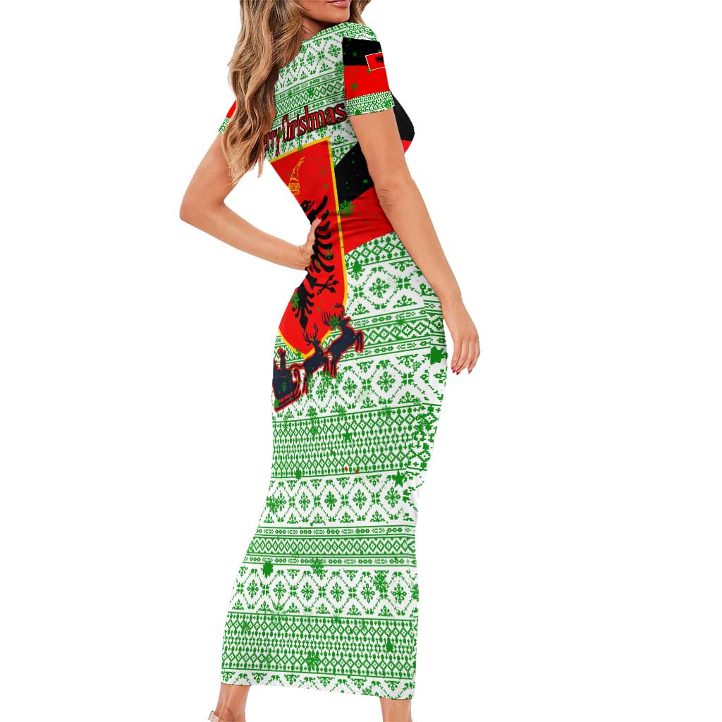 Albania Christmas Short Sleeve Bodycon Dress with Green-Red Design, Double-Headed Eagle Emblem, and Santa Motif - Wonder Print Shop