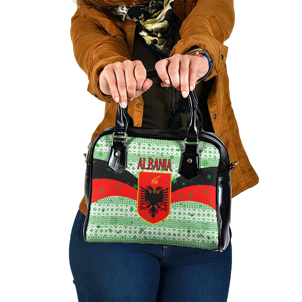 Albania Christmas Shoulder Handbag with Green-Red Design, Double-Headed Eagle Emblem, and Santa Motif - Wonder Print Shop
