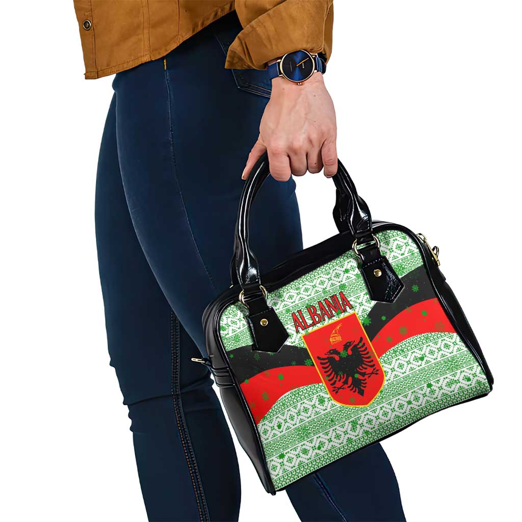 Albania Christmas Shoulder Handbag with Green-Red Design, Double-Headed Eagle Emblem, and Santa Motif - Wonder Print Shop