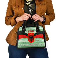 Albania Christmas Shoulder Handbag with Green-Red Design, Double-Headed Eagle Emblem, and Santa Motif - Wonder Print Shop