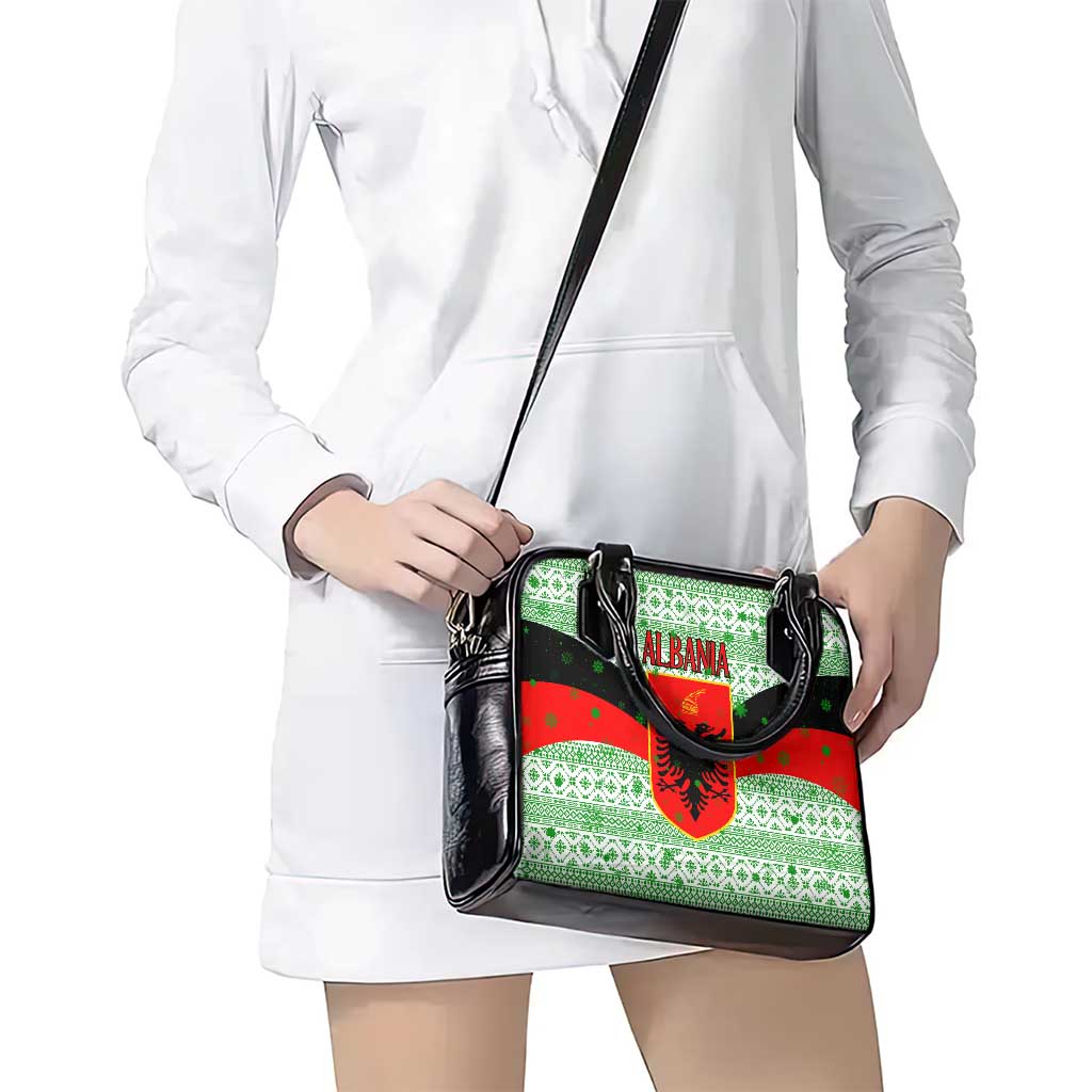 Albania Christmas Shoulder Handbag with Green-Red Design, Double-Headed Eagle Emblem, and Santa Motif - Wonder Print Shop