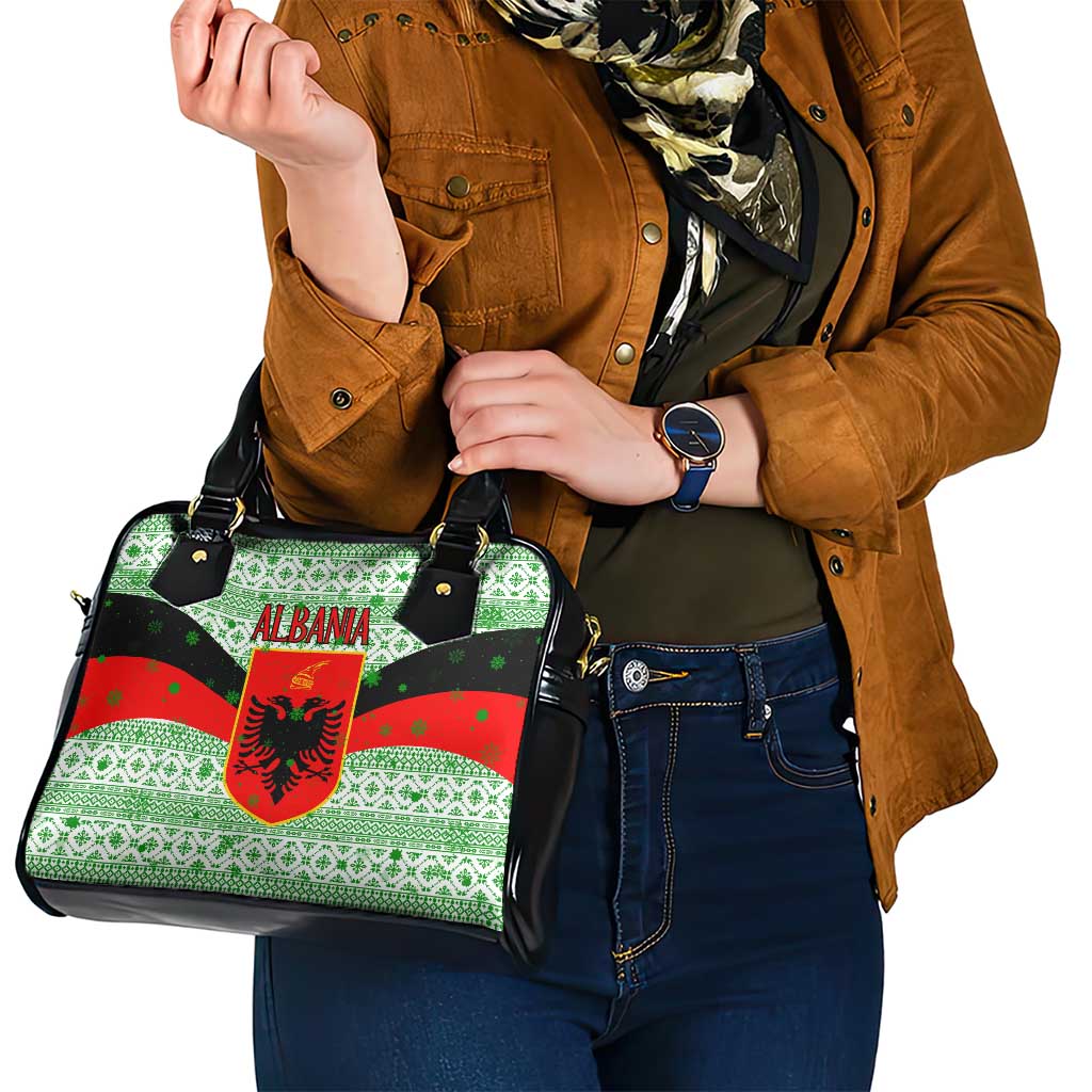 Albania Christmas Shoulder Handbag with Green-Red Design, Double-Headed Eagle Emblem, and Santa Motif - Wonder Print Shop