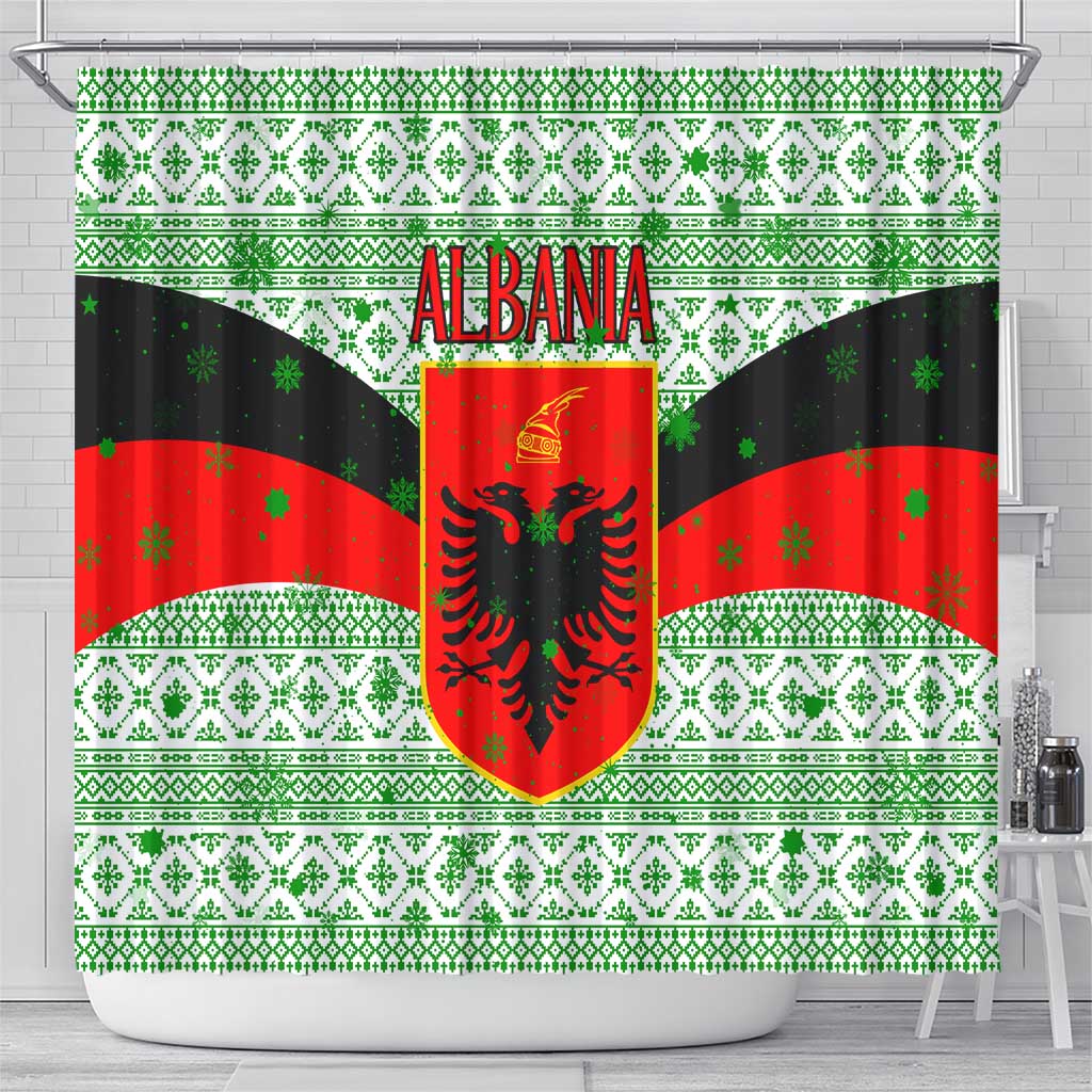 Albania Christmas Shower Curtain with Green-Red Design, Double-Headed Eagle Emblem, and Santa Motif - Wonder Print Shop