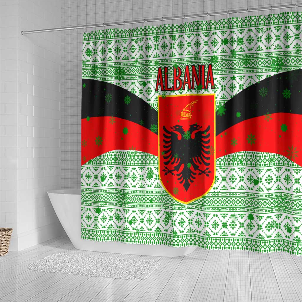Albania Christmas Shower Curtain with Green-Red Design, Double-Headed Eagle Emblem, and Santa Motif - Wonder Print Shop