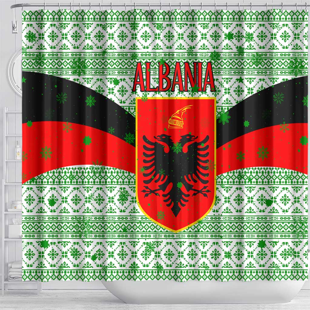 Albania Christmas Shower Curtain with Green-Red Design, Double-Headed Eagle Emblem, and Santa Motif - Wonder Print Shop