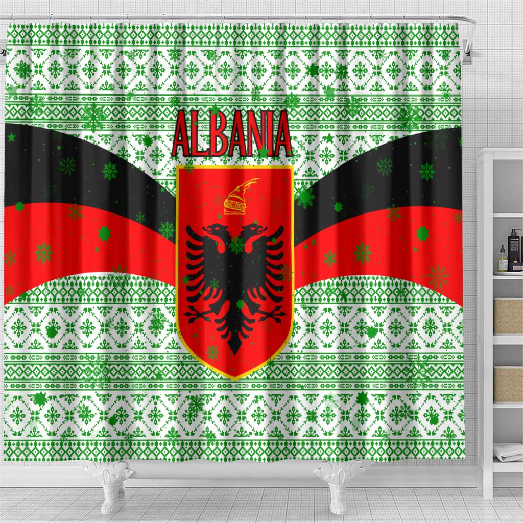 Albania Christmas Shower Curtain with Green-Red Design, Double-Headed Eagle Emblem, and Santa Motif - Wonder Print Shop