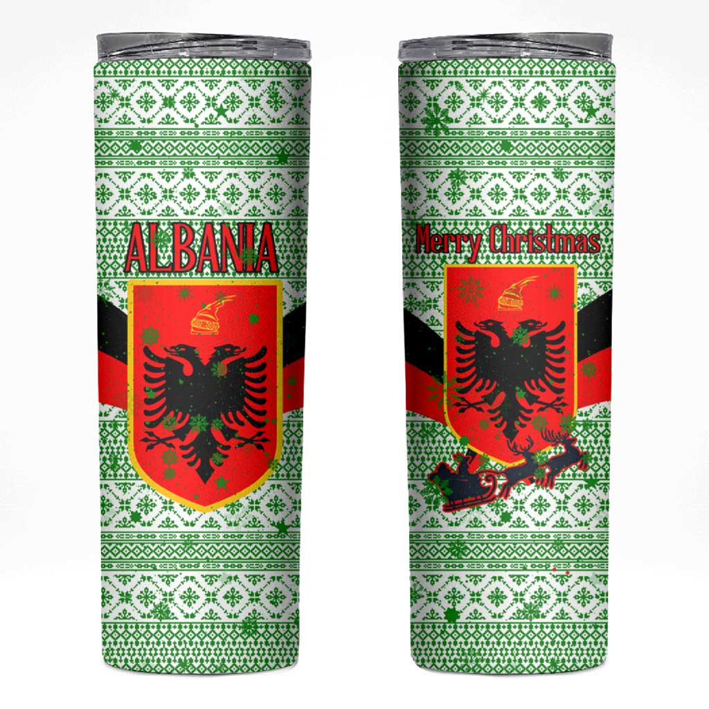Albania Christmas Skinny Tumbler with Green-Red Design, Double-Headed Eagle Emblem, and Santa Motif - Wonder Print Shop