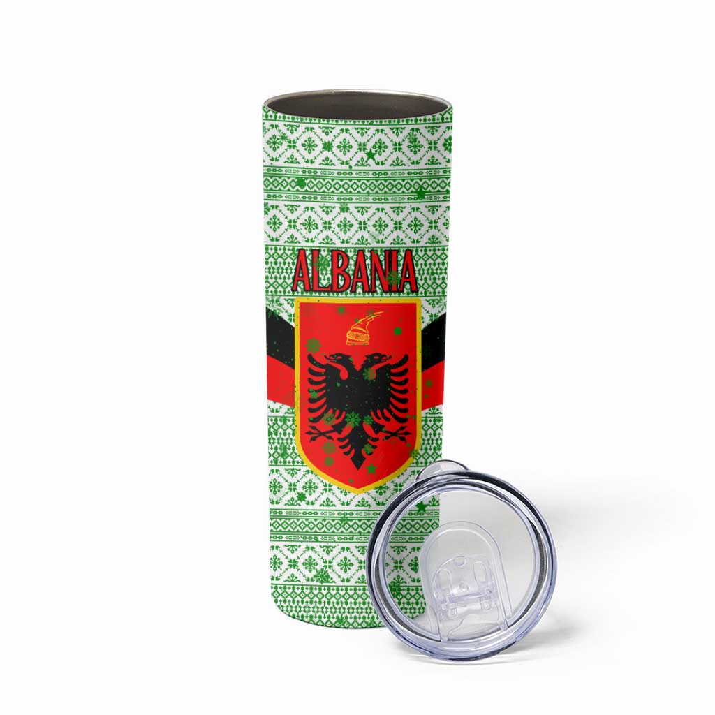 Albania Christmas Skinny Tumbler with Green-Red Design, Double-Headed Eagle Emblem, and Santa Motif - Wonder Print Shop