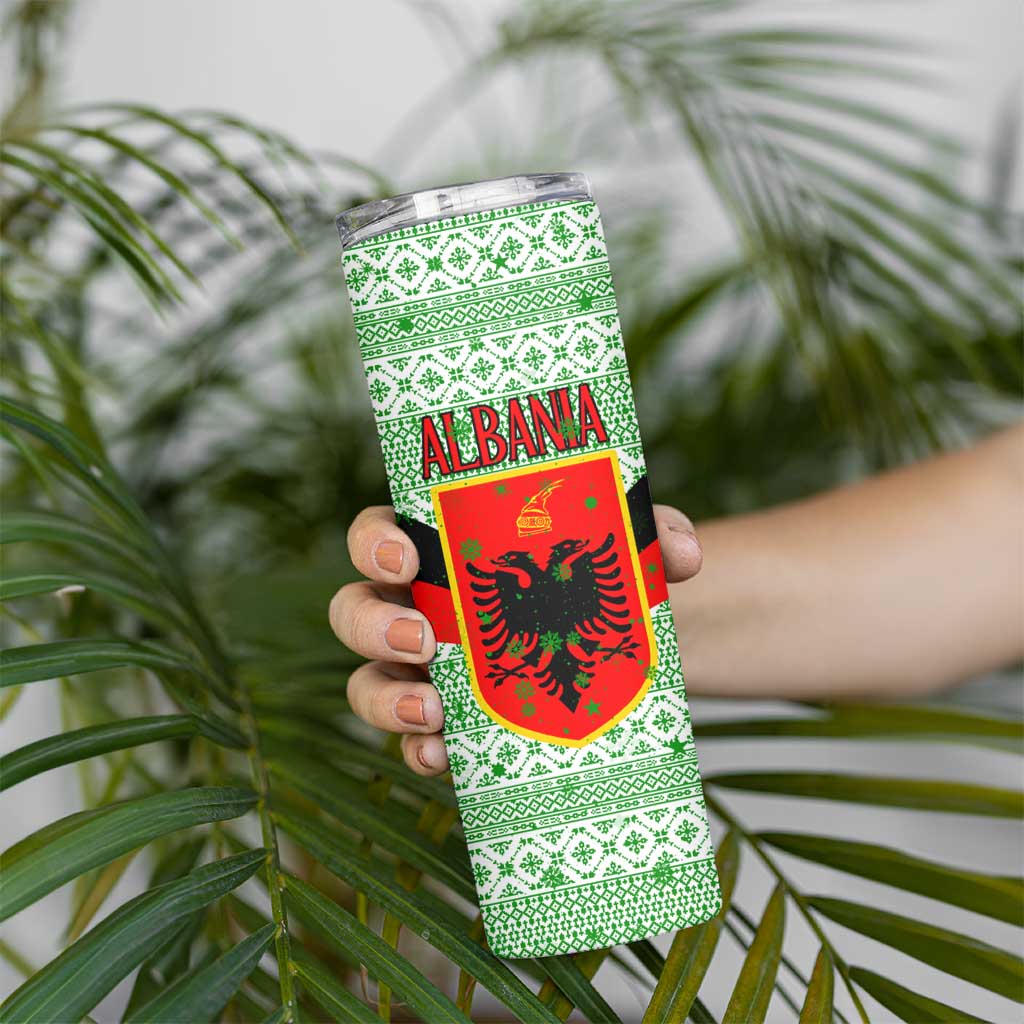 Albania Christmas Skinny Tumbler with Green-Red Design, Double-Headed Eagle Emblem, and Santa Motif - Wonder Print Shop