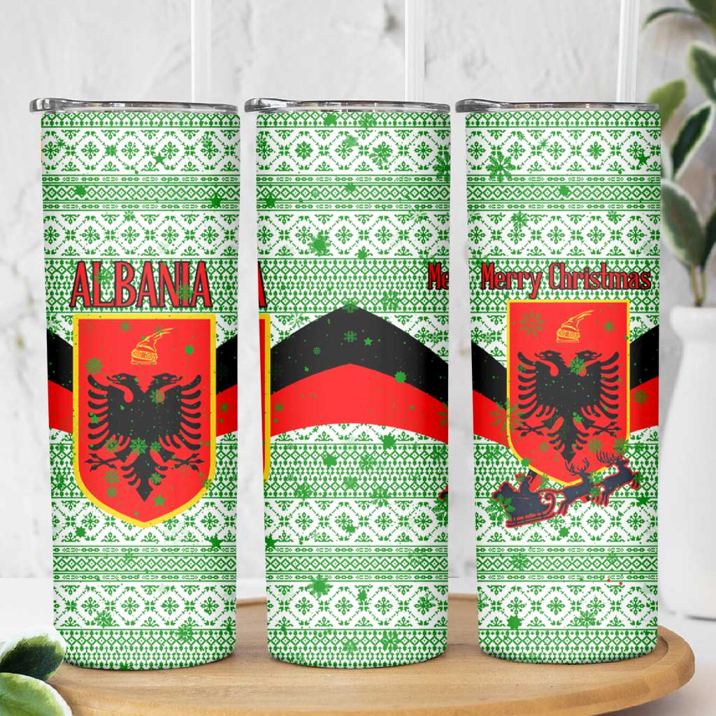 Albania Christmas Skinny Tumbler with Green-Red Design, Double-Headed Eagle Emblem, and Santa Motif - Wonder Print Shop
