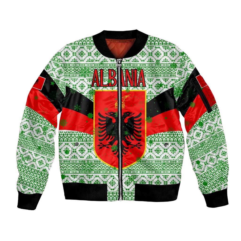 Albania Christmas Sleeve Zip Bomber Jacket with Green-Red Design, Double-Headed Eagle Emblem, and Santa Motif - Wonder Print Shop