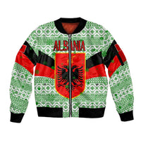 Albania Christmas Sleeve Zip Bomber Jacket with Green-Red Design, Double-Headed Eagle Emblem, and Santa Motif - Wonder Print Shop