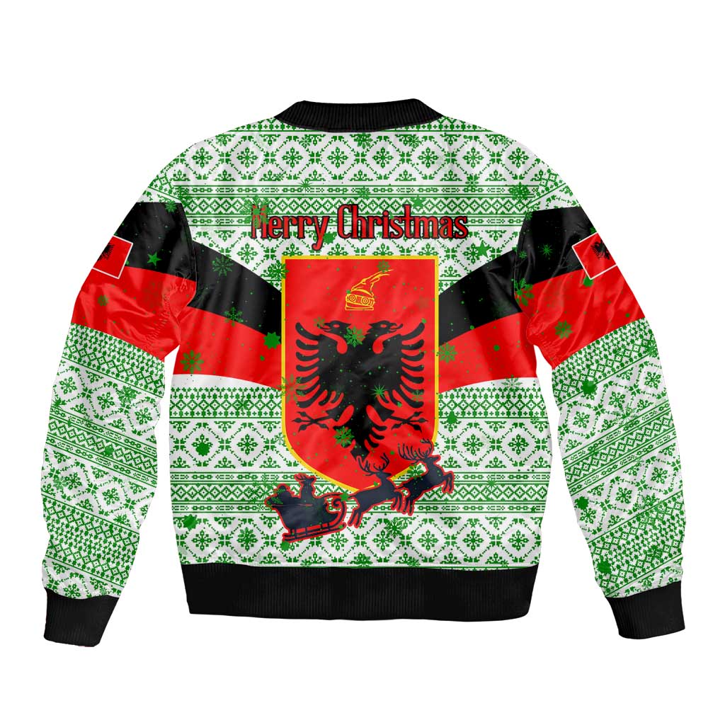 Albania Christmas Sleeve Zip Bomber Jacket with Green-Red Design, Double-Headed Eagle Emblem, and Santa Motif - Wonder Print Shop